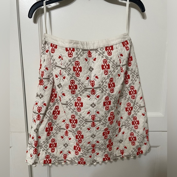 Anthropologie Maeve Blomma Pom Pom Skirt cream and orangey red with side zip - Picture 6 of 7